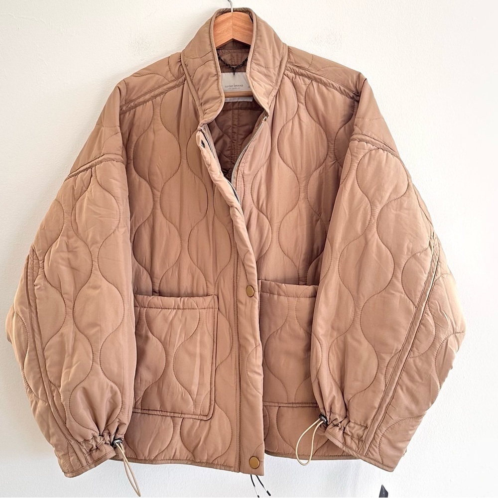 Lucky Brand tan quilted mandarin collar cropped boxy puffer chore barn jacket XL